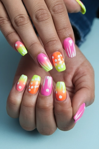 Neon Abstract Medium Gel X Nails