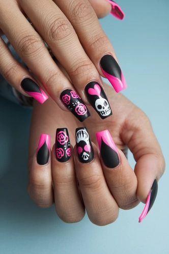 Neon Accent Black and Pink Coffin Nails