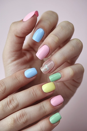 Pastel Color Block Extra Short Square Nails