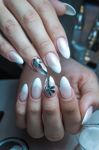 Pearl White Matte Almond Nails with Chrome Details