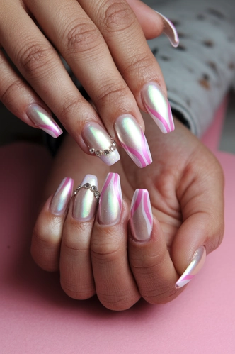 Pearly Iridescent Birthday Coffin Nails