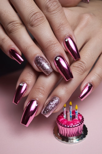 Pink Chrome Birthday Cake Coffin Nails