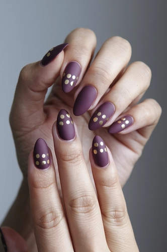 Plum Matte Almond Nails with Gold Dots