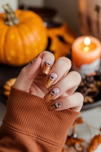 Pumpkin Spice Glitter Coffin Nails