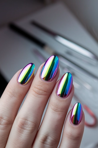 Rainbow Chrome Oval Nails