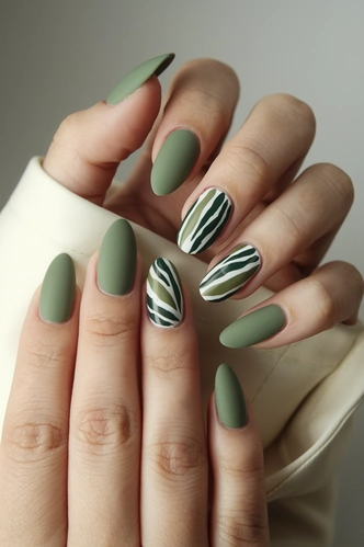 Sage Green Matte Almond Nails with Leaf Patterns