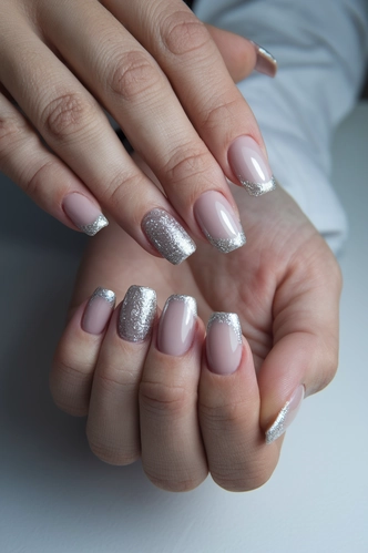 Sparkling Silver Accent Extra Short Square Nails