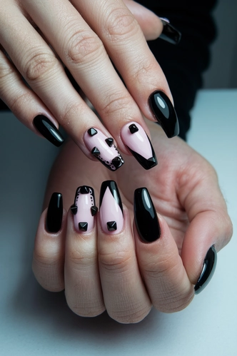 Studded Black and Pink Coffin Nails