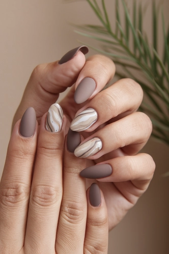 Taupe Matte Almond Nails with Marble Effect