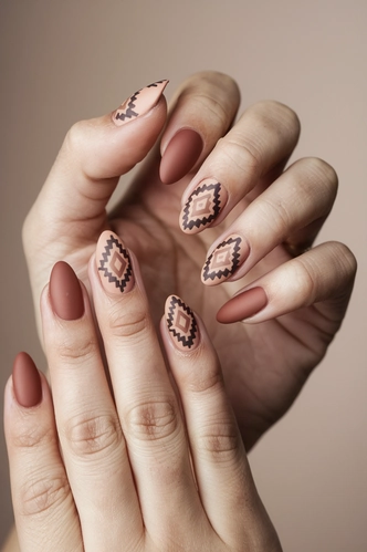 Terracotta Matte Almond Nails with Aztec Patterns