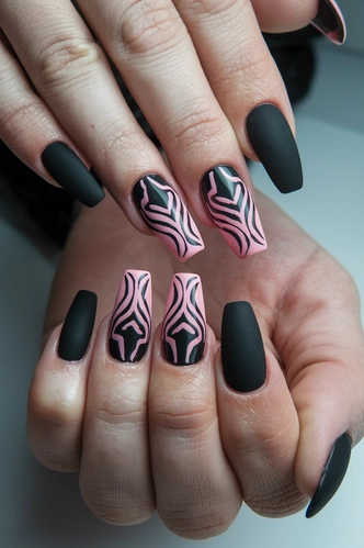 Tribal Pattern Black and Pink Coffin Nails