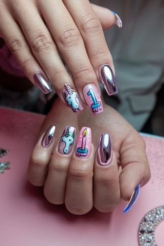 Unicorn Chrome Birthday Coffin Nails