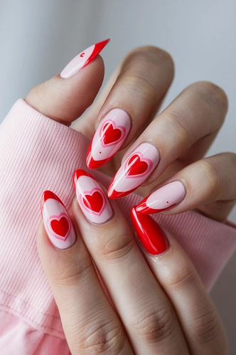 Valentine's Day Inspired Red and Pink Heart Almond Nails