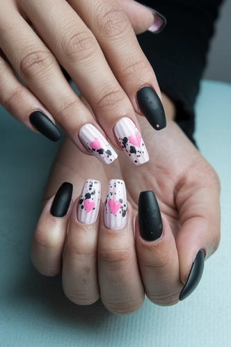 Watercolor Effect Black and Pink Coffin Nails